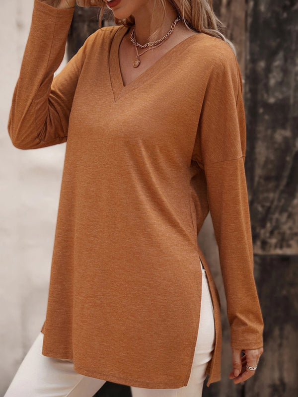 Women's Solid Color V Neck Essential Long Sleeve Side Slit Longline T- Shirt