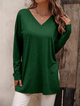 Women's Solid Color V Neck Essential Long Sleeve Side Slit Longline T- Shirt