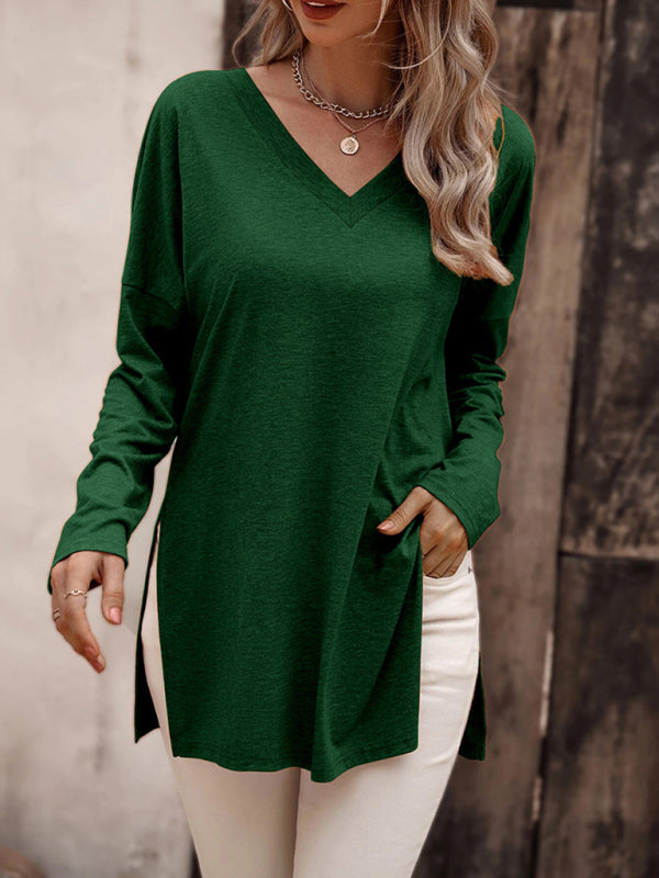 Women's Solid Color V Neck Essential Long Sleeve Side Slit Longline T- Shirt