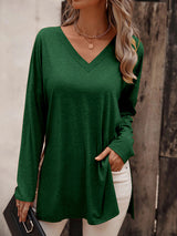 Women's Solid Color V Neck Essential Long Sleeve Side Slit Longline T- Shirt