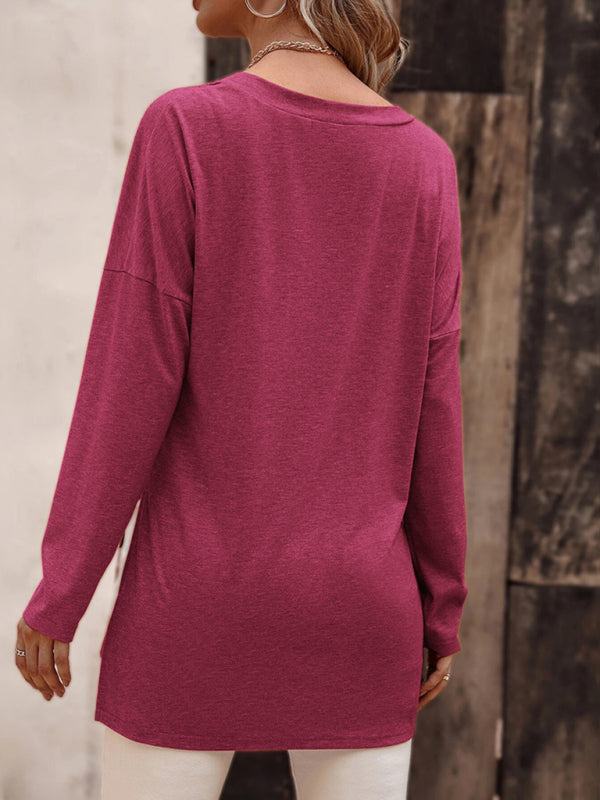 Women's Solid Color V Neck Essential Long Sleeve Side Slit Longline T- Shirt