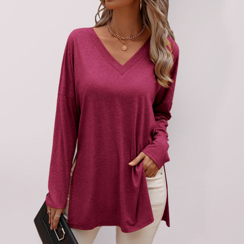 Women's Solid Color V Neck Essential Long Sleeve Side Slit Longline T- Shirt