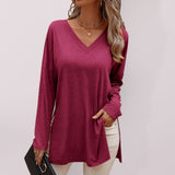 Women's Solid Color V Neck Essential Long Sleeve Side Slit Longline T- Shirt