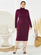 Women's Solid Color Plus Size Turtleneck Long Sleeve Curves Dress
