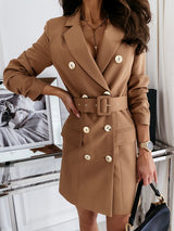 Women's Solid Color Double-breasted Belted Long Sleeve Blazer Dress