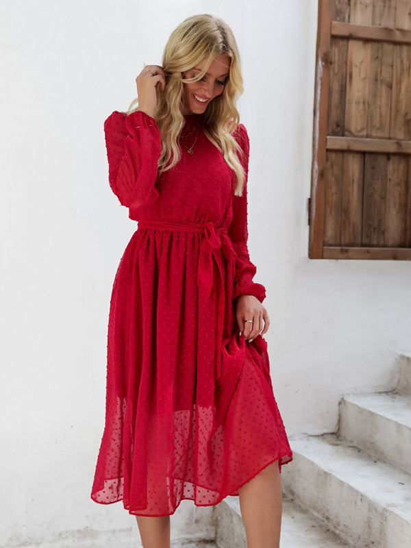 Women's Solid Color Clip Dot Puff Sleeve Tie Front Midi Dress