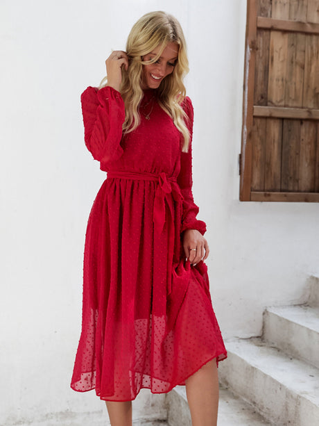 Women's Solid Color Clip Dot Puff Sleeve Tie Front Midi Dress