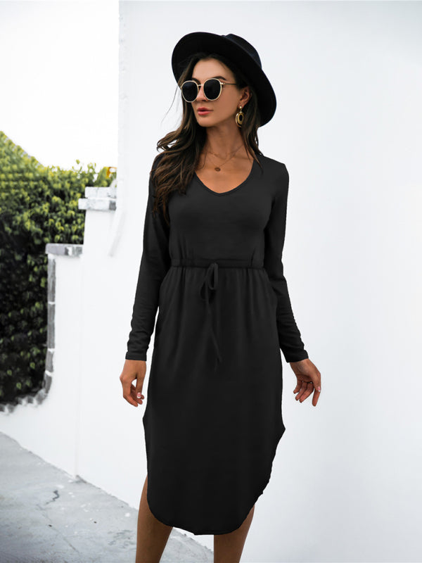 Women's Solid Color Drawstring Waist Midi Dress