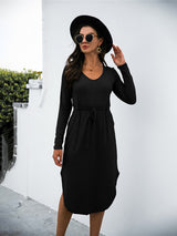 Women's Solid Color Drawstring Waist Midi Dress