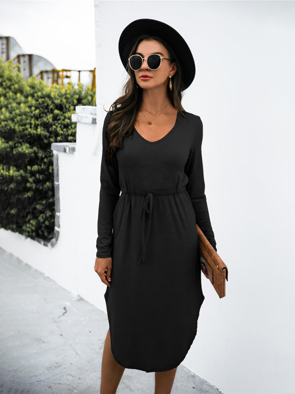 Women's Solid Color Drawstring Waist Midi Dress