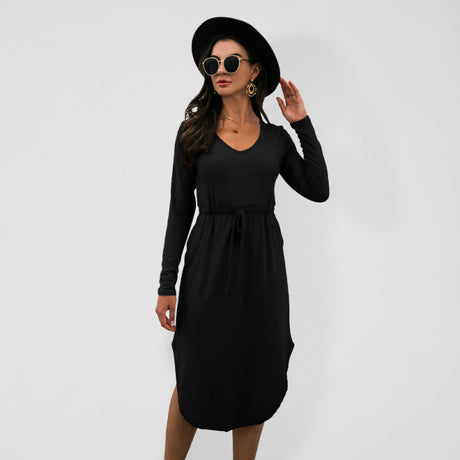 Women's Solid Color Drawstring Waist Midi Dress