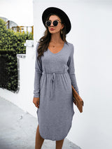 Women's Solid Color Drawstring Waist Midi Dress