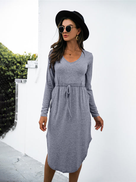 Women's Solid Color Drawstring Waist Midi Dress