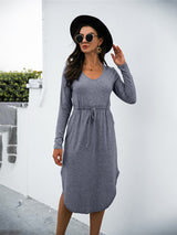 Women's Solid Color Drawstring Waist Midi Dress