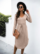 Women's Solid Color Drawstring Waist Midi Dress