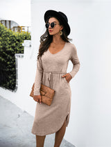 Women's Solid Color Drawstring Waist Midi Dress
