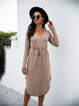 Women's Solid Color Drawstring Waist Midi Dress