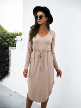 Women's Solid Color Drawstring Waist Midi Dress