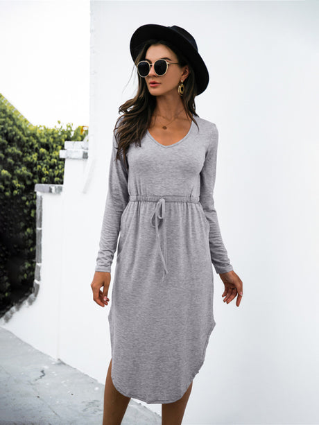 Women's Solid Color Drawstring Waist Midi Dress