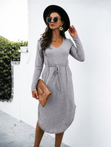 Women's Solid Color Drawstring Waist Midi Dress
