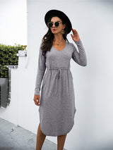 Women's Solid Color Drawstring Waist Midi Dress