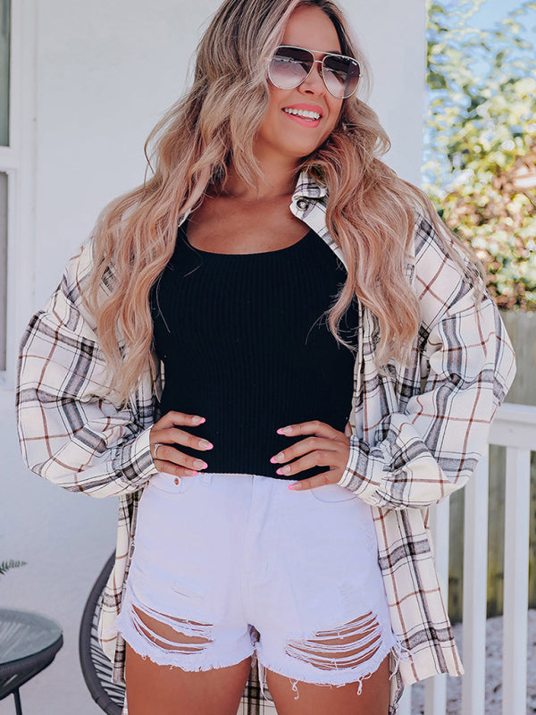 New checkered long-sleeved shirt Hip-covering loose cardigan All-match shirt