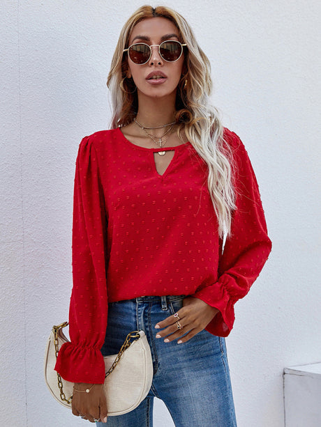 Women's Solid Color Clip Dot Front Keyhole Top