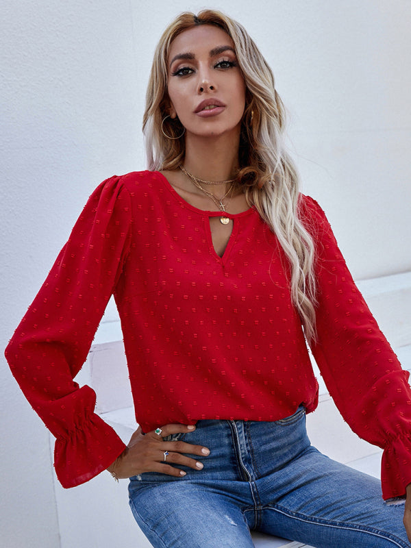 Women's Solid Color Clip Dot Front Keyhole Top