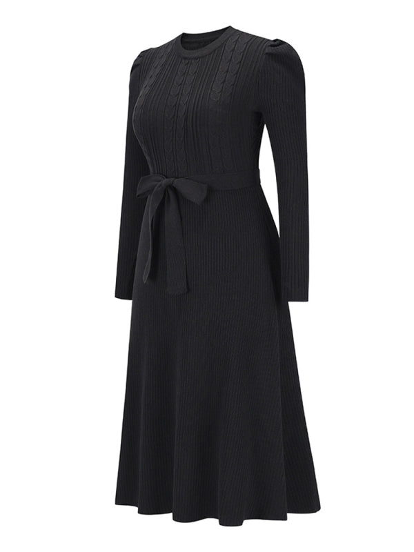 Women's Crew Neck Ruffle Cable Knit Sweater Midi Dress
