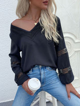 Women's woven V-neck stitching hollow lace shirt