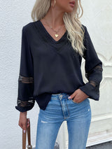 Women's woven V-neck stitching hollow lace shirt