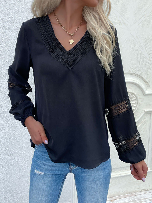 Women's woven V-neck stitching hollow lace shirt