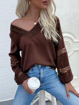Women's woven V-neck stitching hollow lace shirt