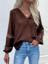 Women's woven V-neck stitching hollow lace shirt