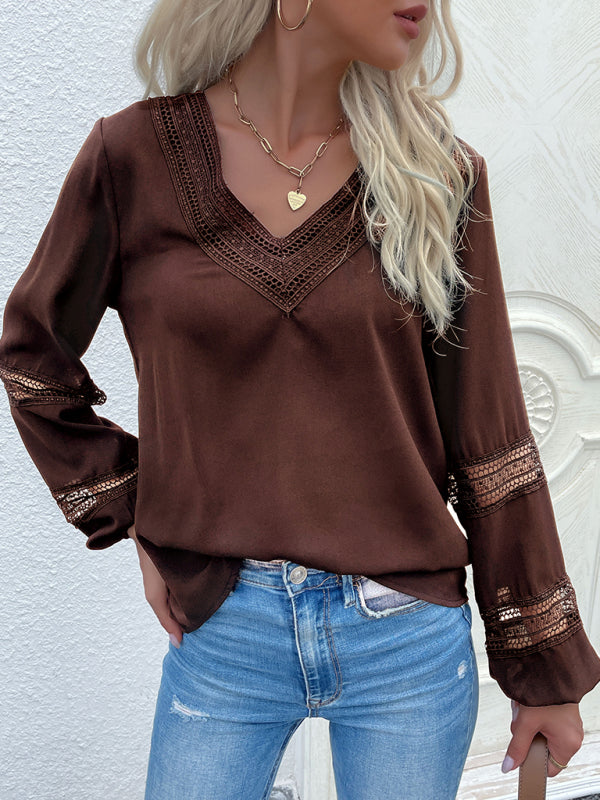 Women's woven V-neck stitching hollow lace shirt