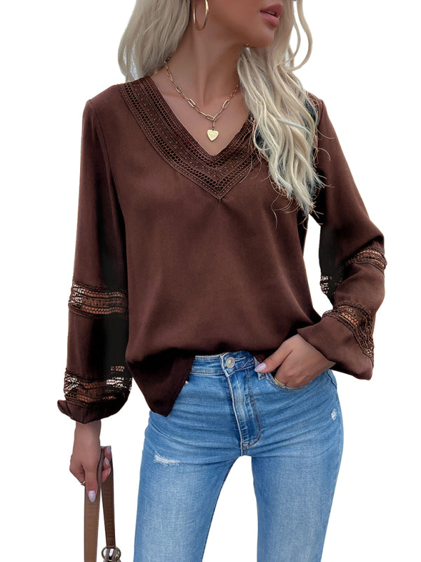 Women's woven V-neck stitching hollow lace shirt