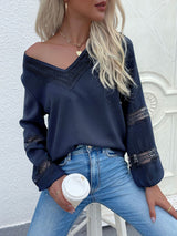 Women's woven V-neck stitching hollow lace shirt