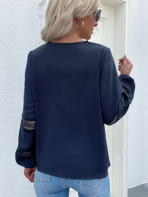 Women's woven V-neck stitching hollow lace shirt