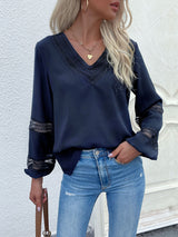 Women's woven V-neck stitching hollow lace shirt