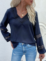 Women's woven V-neck stitching hollow lace shirt