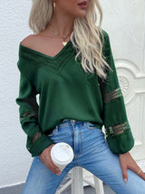 Women's woven V-neck stitching hollow lace shirt