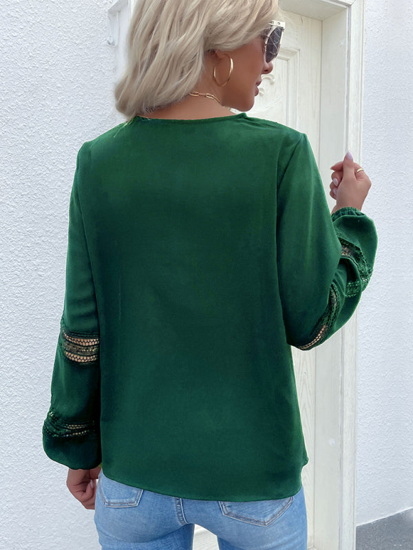 Women's woven V-neck stitching hollow lace shirt