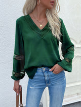 Women's woven V-neck stitching hollow lace shirt