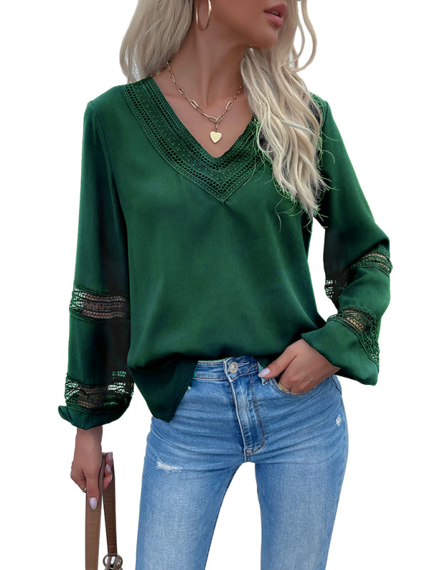 Women's woven V-neck stitching hollow lace shirt