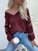 Women's woven V-neck stitching hollow lace shirt