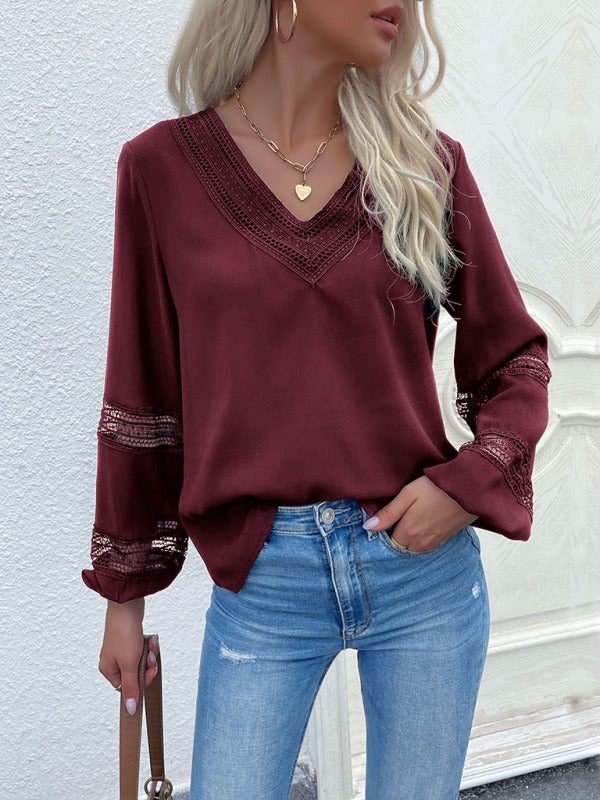 Women's woven V-neck stitching hollow lace shirt