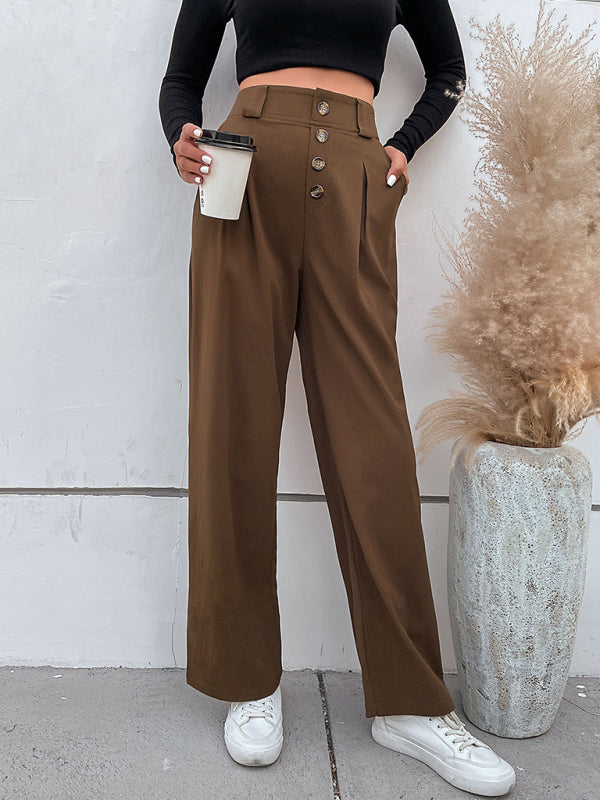 Women's Solid Color High Waist Button Fly Wide Leg Trousers