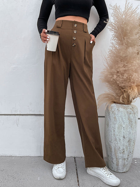 Women's Solid Color High Waist Button Fly Wide Leg Trousers