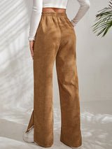 Women's Solid Color Elastic Waistband Corduroy Wide Leg Slit Trousers