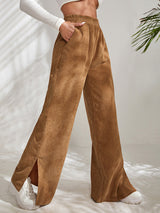 Women's Solid Color Elastic Waistband Corduroy Wide Leg Slit Trousers